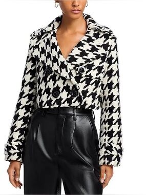 Cropped Houndstooth Button-Down Jacket - Black & White